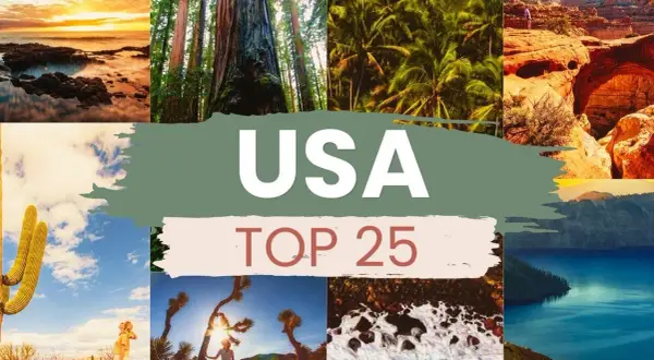 Kolaż zdjęć z USA: zachód słońca nad oceanem, sekwoje, palmy, kaniony, kaktusy, pustynia, lodowe formacje i jezioro.